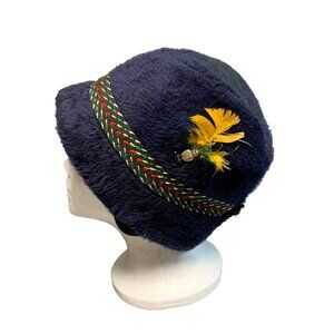 Vintage Bavarian Style Faux Fur Hat with Feather & Colorful Trim